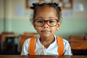 Young girl with glasses in classroom, a Photo by Beautiful things