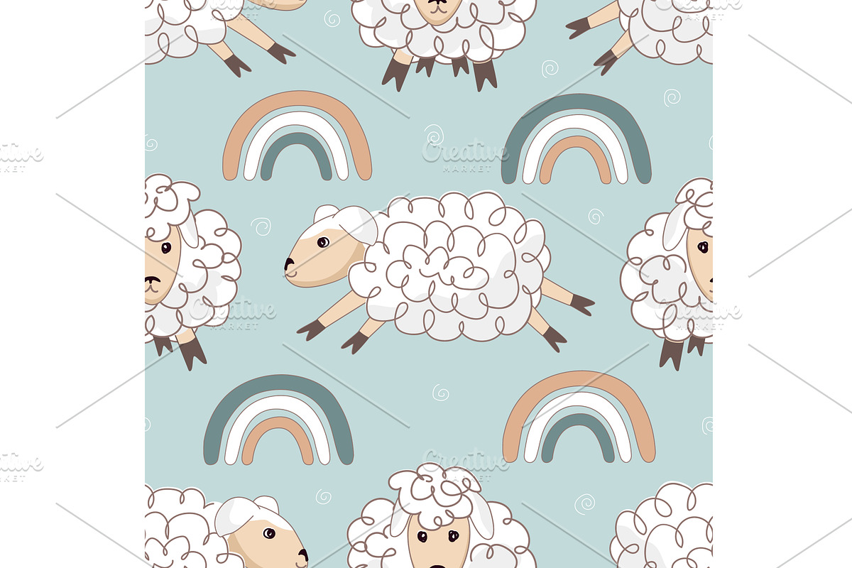 Cute sheep jumping among rainbows, an Animal Illustration by Toltemara