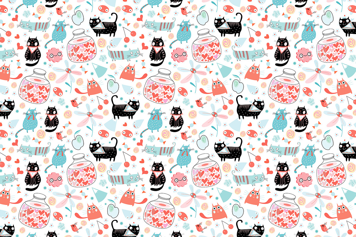8 Fun bright patterns with cats, a Pattern Graphic by Tanor (Photo 2 of 9)