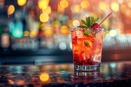 A vibrant cocktail sits on the bar c, a Photo by Tanuart