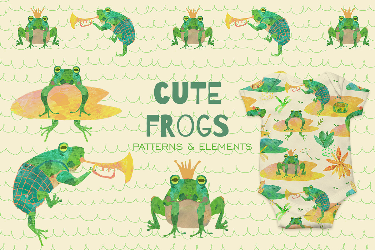 Cute Frogs Patterns Watercolor, a Pattern Graphic by watercolor kamill (Photo 1 of 10)
