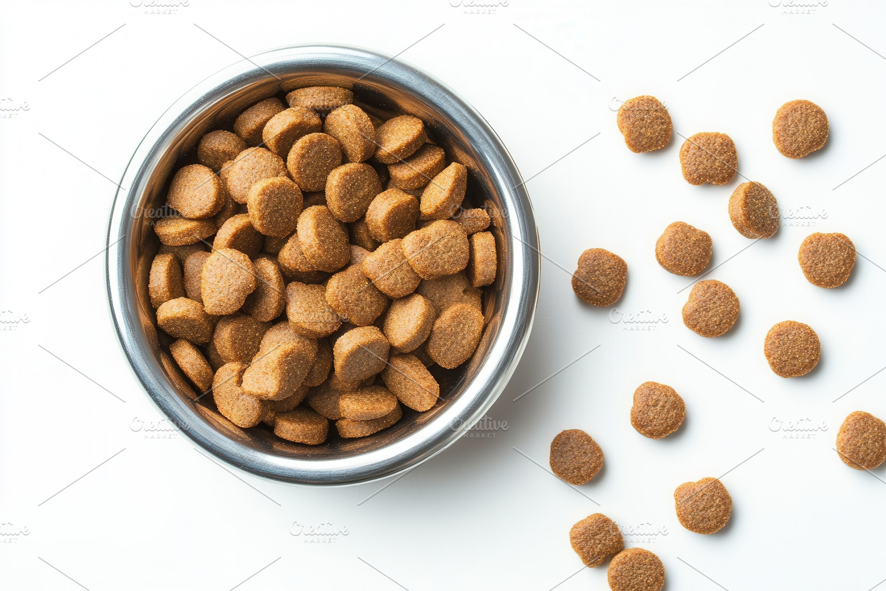 Dry dog food in a metal bowl, a Photo by Pavel_design