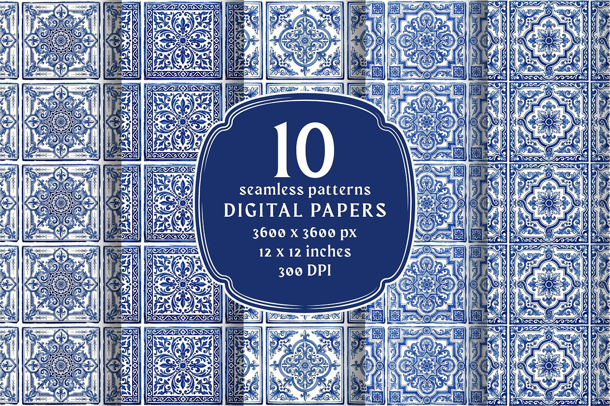 Blue White Azulejo Seamless Patterns, a Pattern Graphic by VectorPanther (Photo 4 of 10)