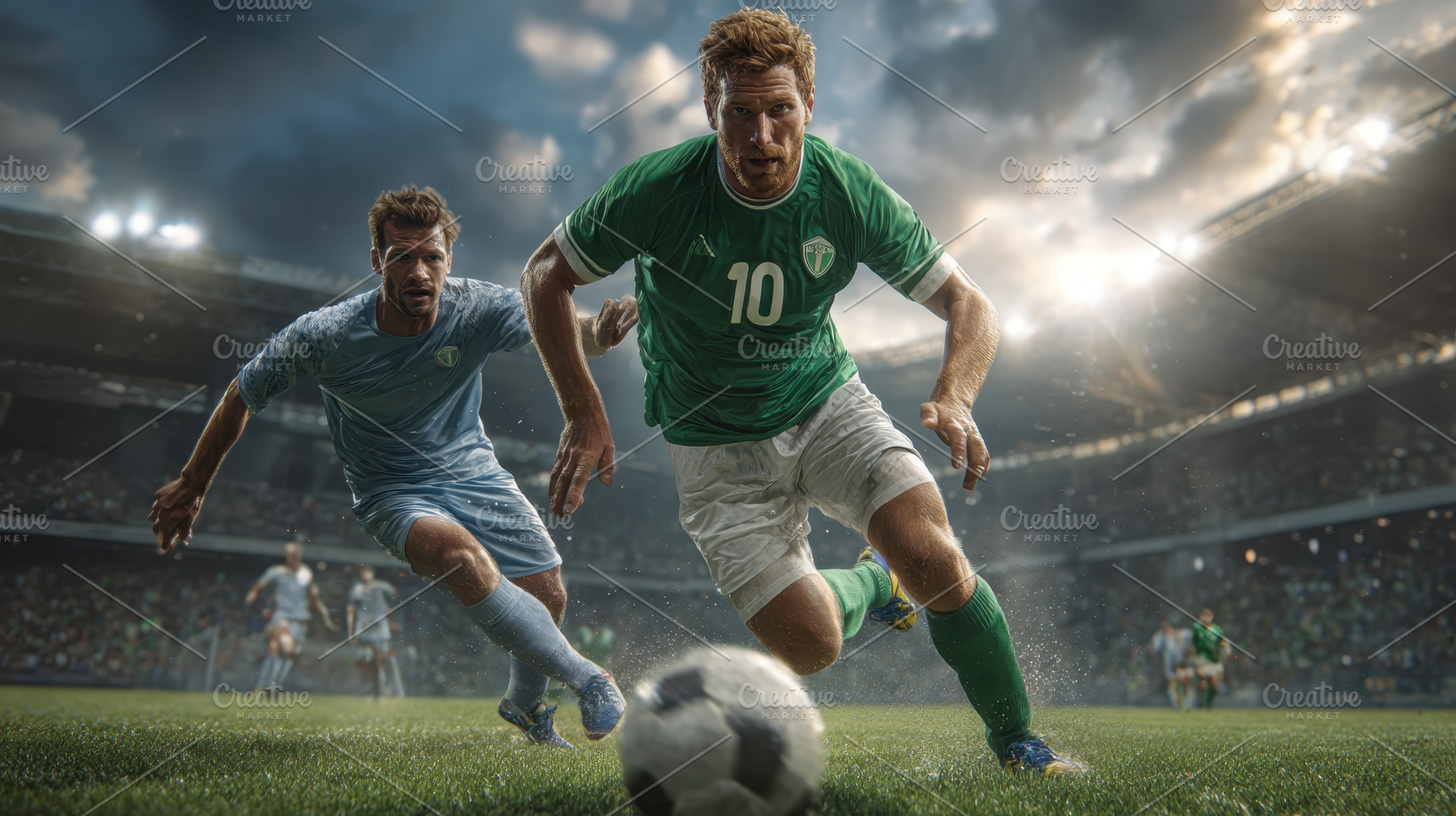 Soccer player dribbling intense matc, a Photo by Pixeness Studio