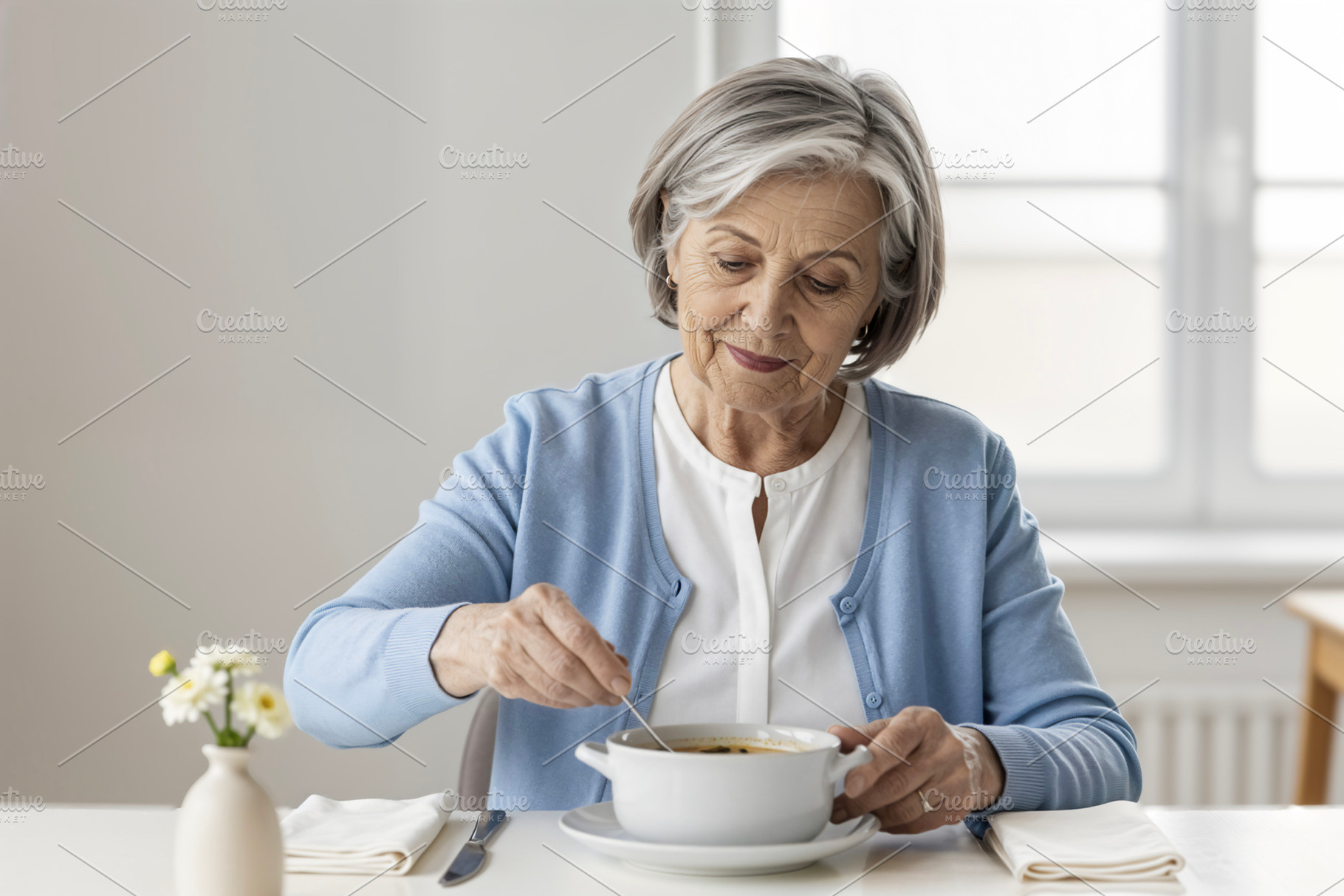Senior Woman Eating Soup at Table, a Photo by rarrarorro