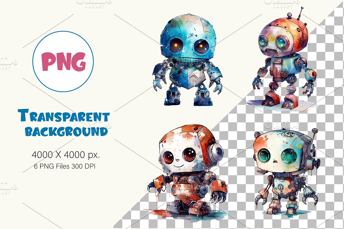 Cute Watercolor Robots. TShirt, an Animal Illustration by KENO Mascots (Photo 2 of 8)