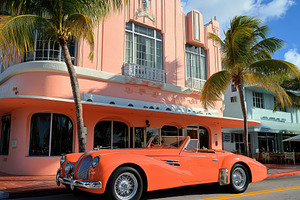 Classic coral sports car parked, a Photo by Pavel_design