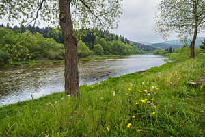 Spring picturesque river band view. Mountains scenery view behin