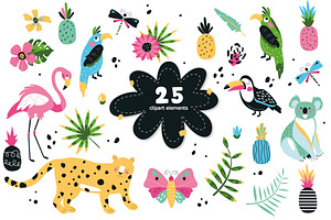 Jungle Set With Patterns And Clipart