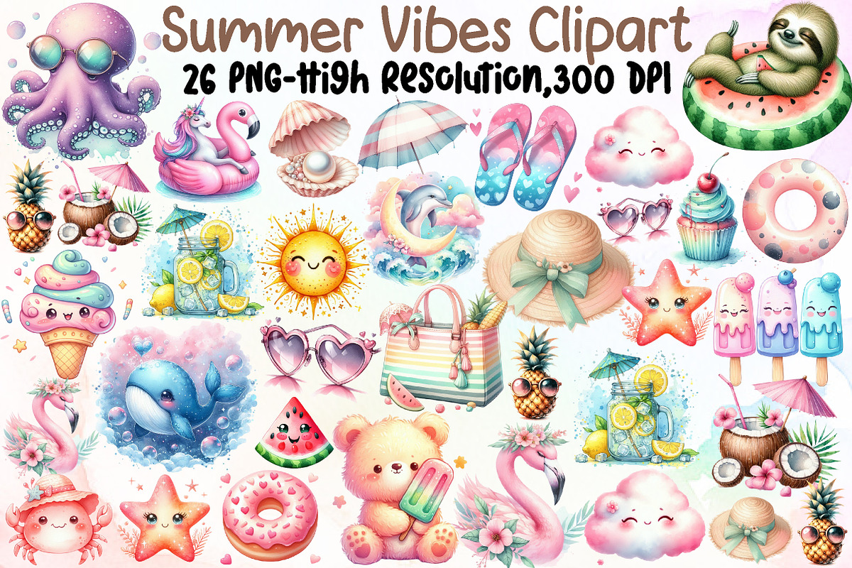 Watercolor Summer Vibes Clipart, an Illustration by Sublimation Artist (Photo 1 of 6)