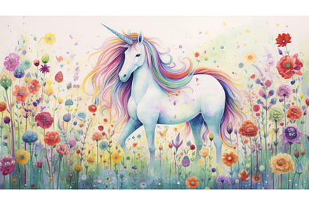 Whimsical unicorn meadow watercolor, a Nature Photo by Aimagenarium@gmail.com
