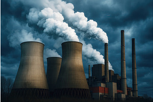 Large cooling towers and chimneys, an Illustration by Sergey Kotenev