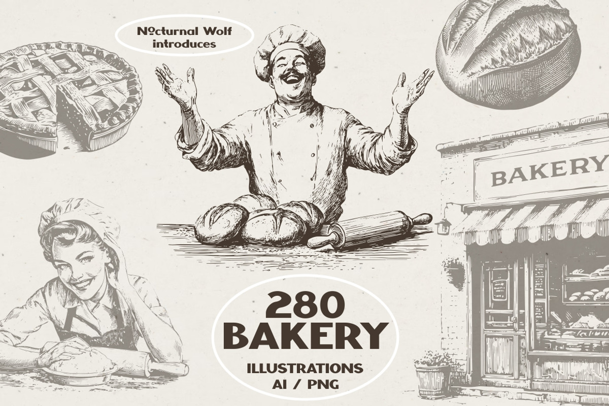 280 Vintage Bakery Illustrations, a Food Illustration by Nocturnal Wolf (Photo 1 of 15)