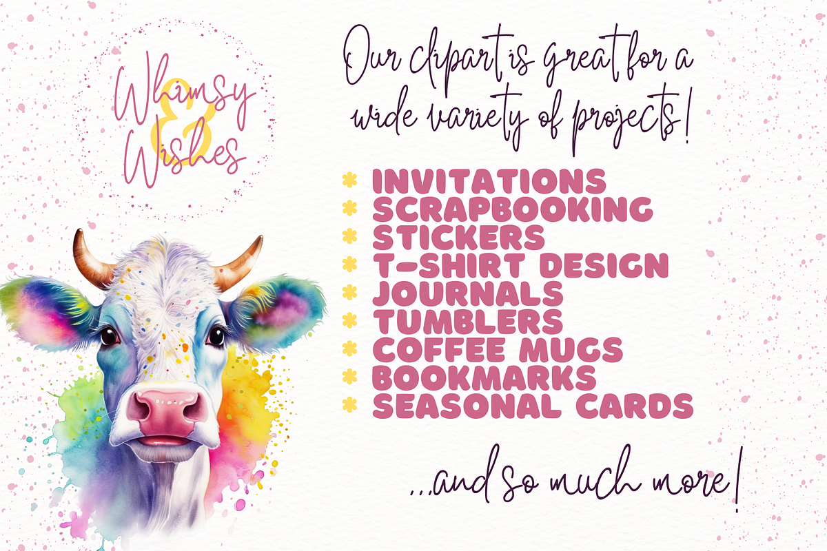 Watercolor Rainbow Cows Clip Art, an Animal Illustration by Whimsy & Wishes (Photo 3 of 3)