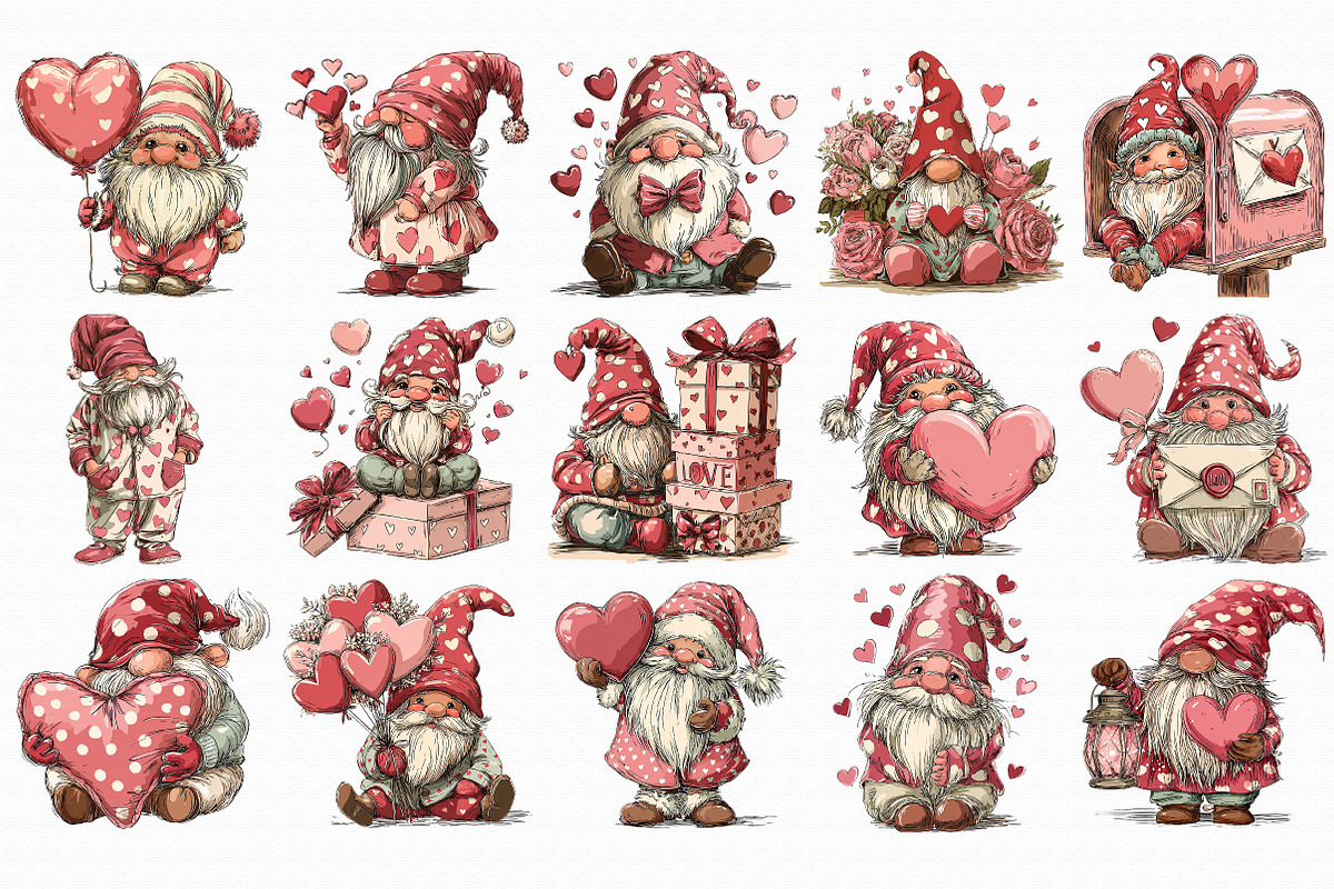 Whimsical Valentines Gnomes Clipart, an Illustration by Libby Wishes (Photo 3 of 6)