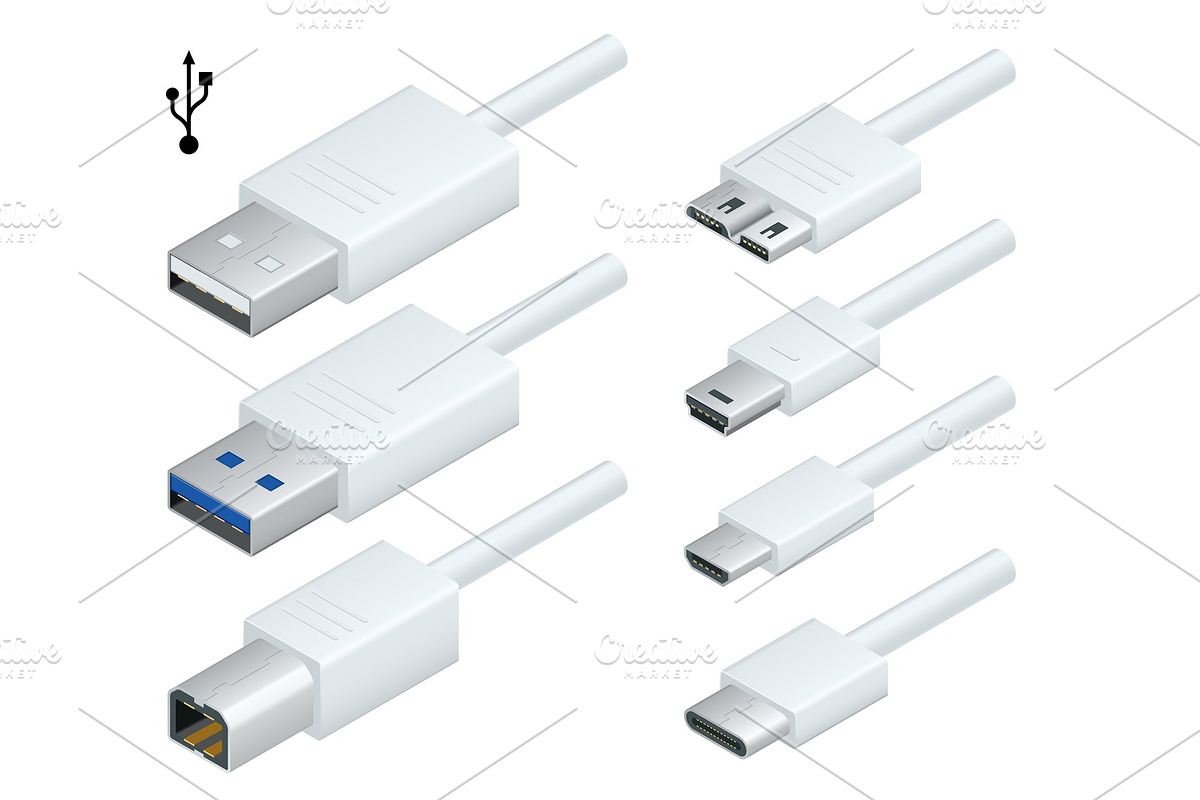 Isometric white usb types port plug, a Technology Illustration by ...