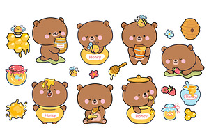 Funny bear and honey. Kawaii bears, an Animal Illustration by Valerie Bodnar