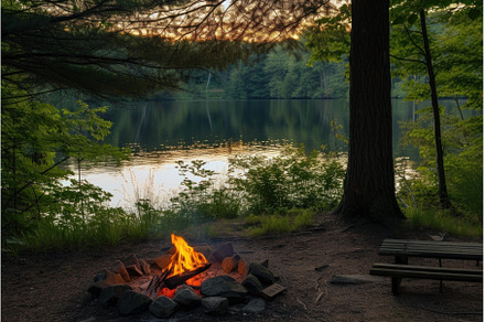 Serene campfire by a lake at dusk, a Sports & Recreation Photo by Ylivdesign