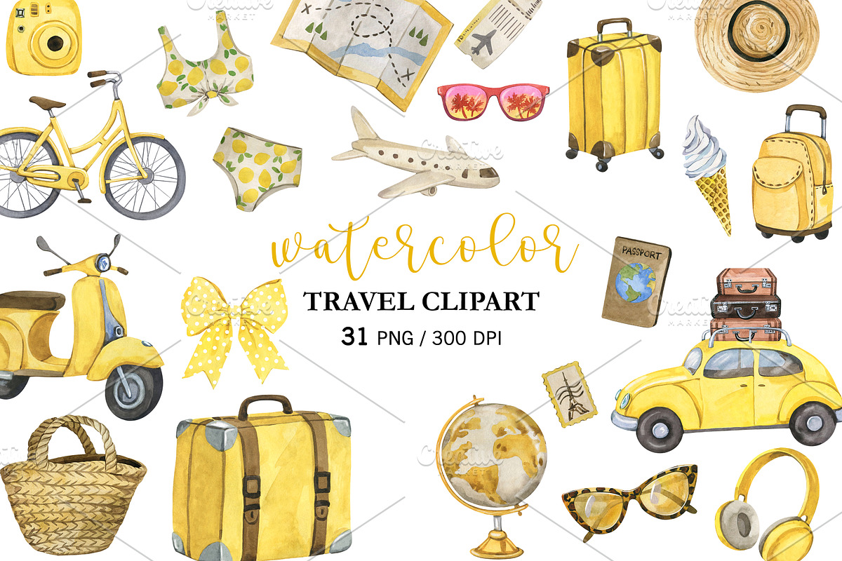 Watercolor Yellow Travel clipart PNG, a Transportation Illustration by PatternPalette (Photo 1 of 2)