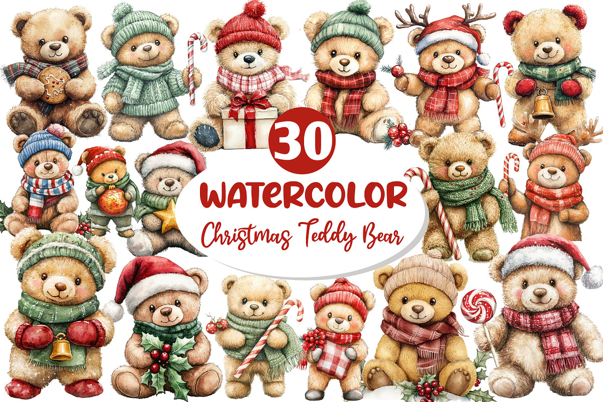 Christmas Teddy Bear Clipart, an Illustration by Dream Creation (Photo 1 of 6)