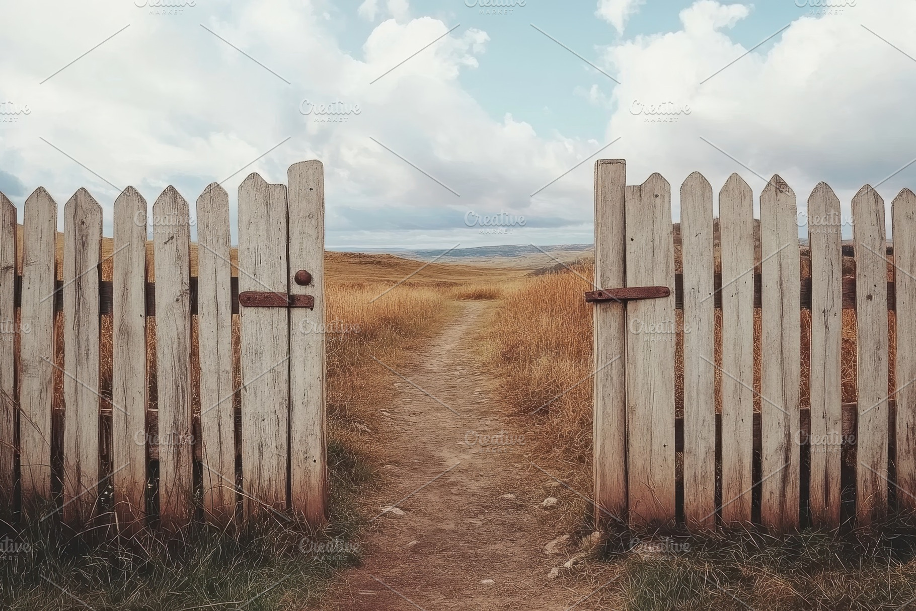 Rustic wooden gate opens to a serene, a Photo by Tanuart
