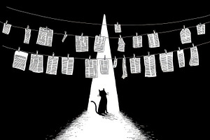 Cat by hanging papers at night, a Photo by Beautiful things
