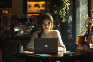 Freelancer girl working with laptop, a Photo by Pavel_design