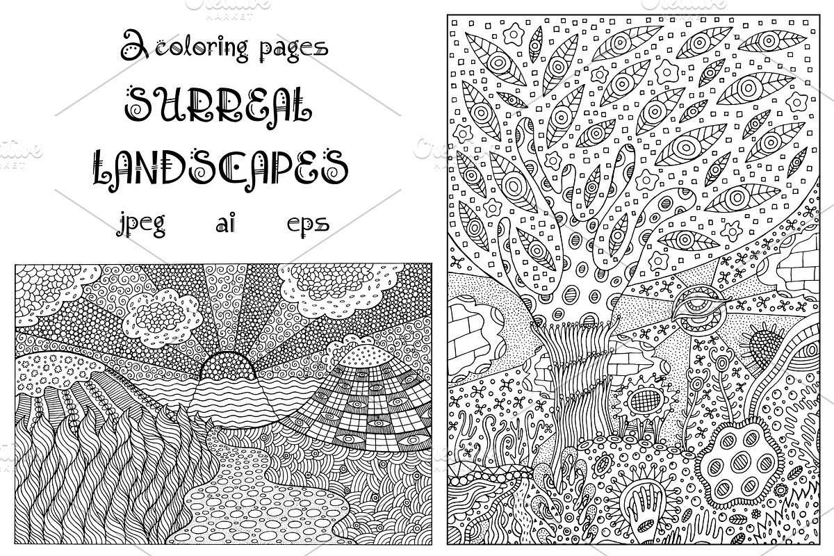 Surreal Landscape - 2 coloring pages, an Illustration by DoodleArtDesigns (Photo 1 of 3)