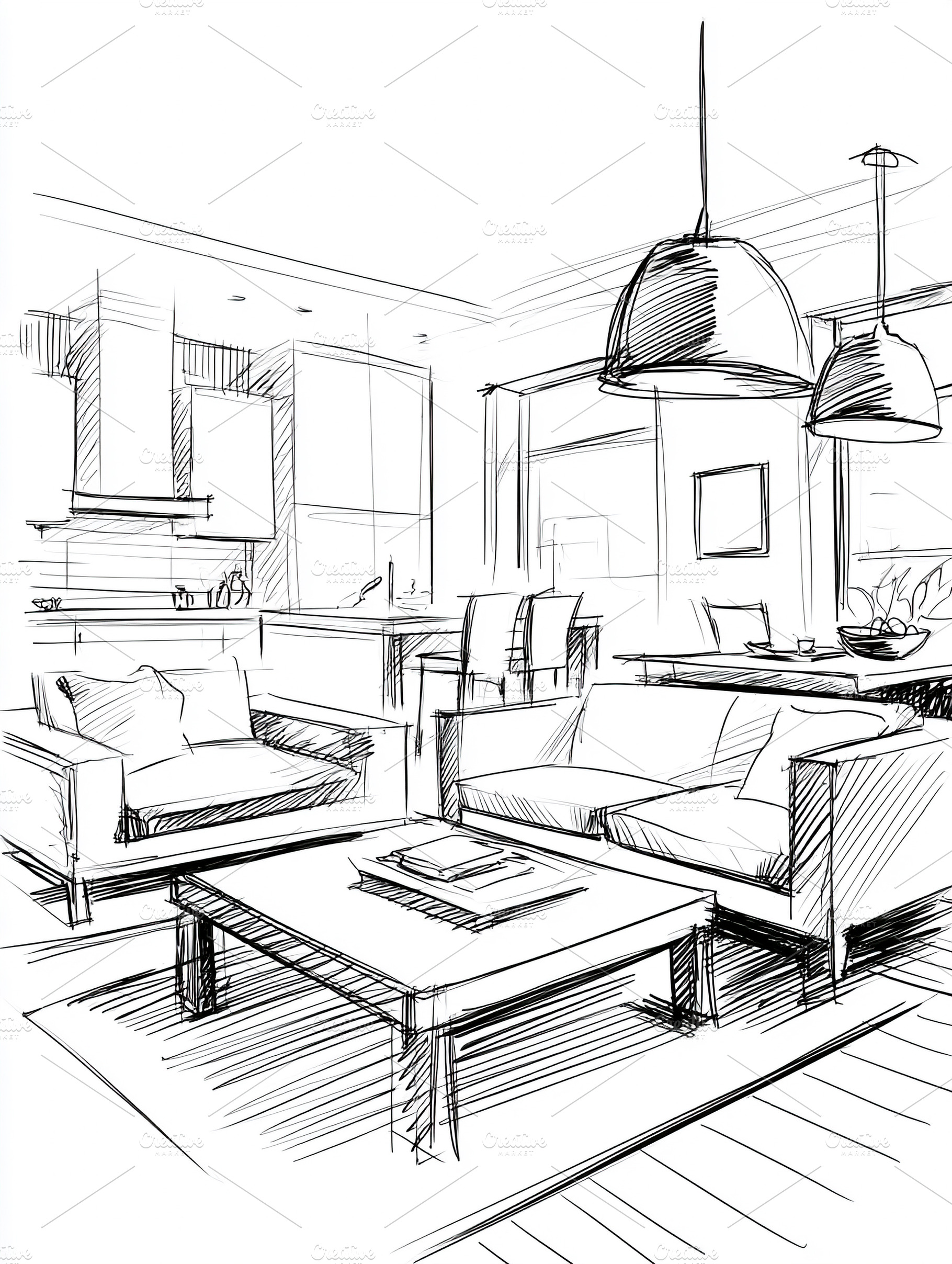 Architectural sketch of living room, an Architecture Photo by MistyDay