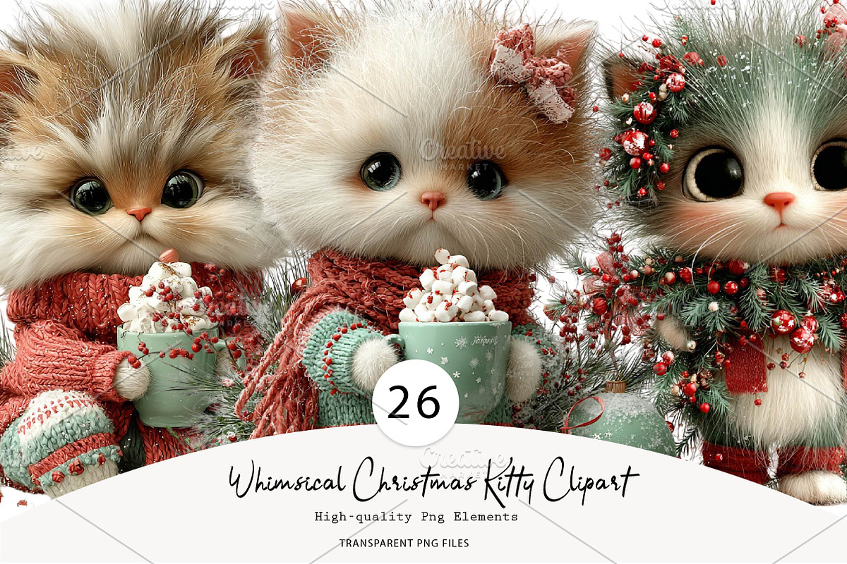 Whimsical Christmas Kitty Clipart, a Seasonal Illustration by CreationArt (Photo 1 of 5)