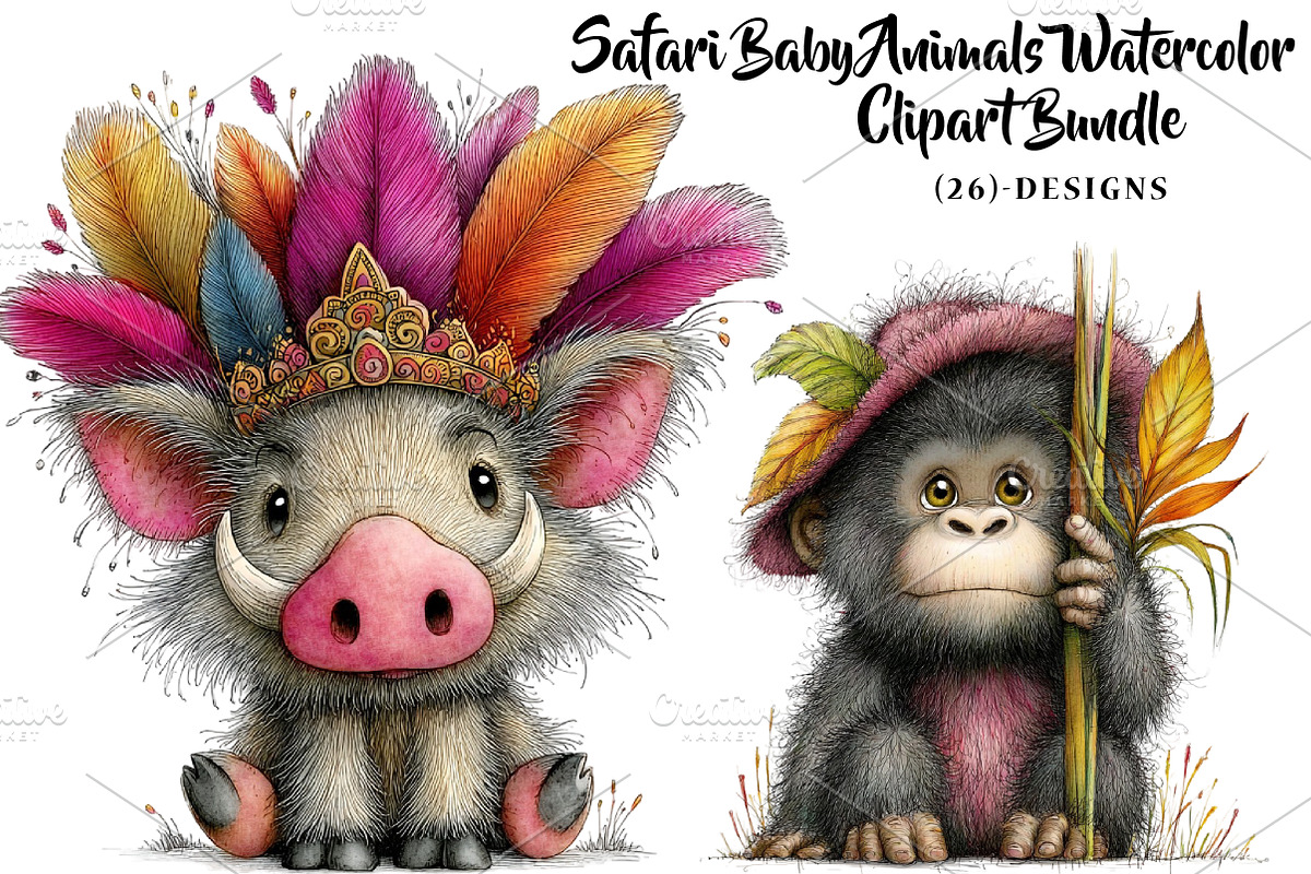 Safari Baby Animals Watercolor, a Seasonal Illustration by CreationArt (Photo 1 of 5)