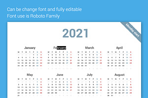 Simple Calendar 2021 Monday Starts