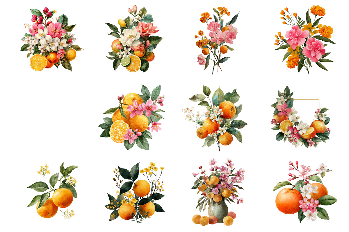 Watercolor Flower And Orange Clipart, an Illustration by DreamCafeArt (Photo 3 of 7)