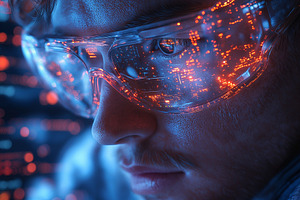 A young Caucasian male wearing futuristic glasses reflecting vibrant digital pa, a Person Photo by ImageMir