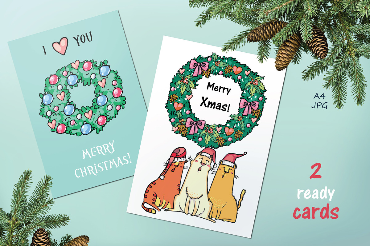Xmas Cats: clip-art, patterns, cards, an Illustration by Zooza Art (Photo 9 of 11)