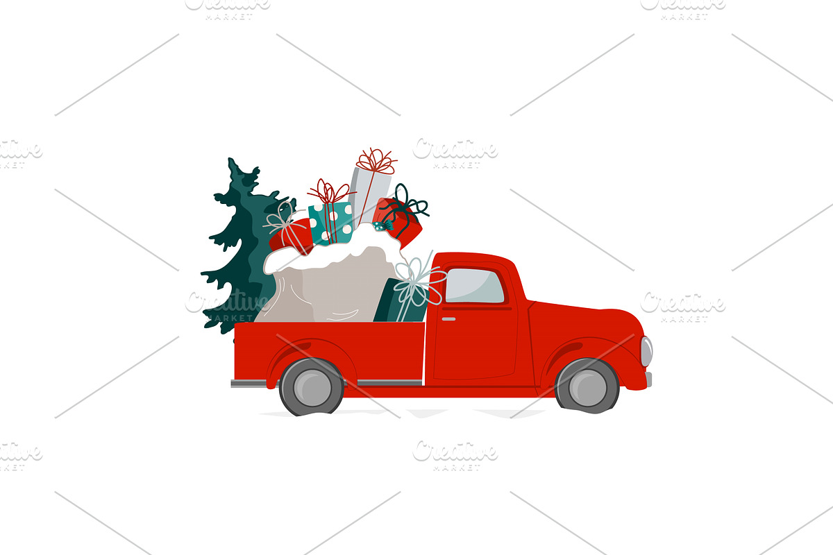Christmas red truck with Xmas tree, an Object Illustration by Toltemara