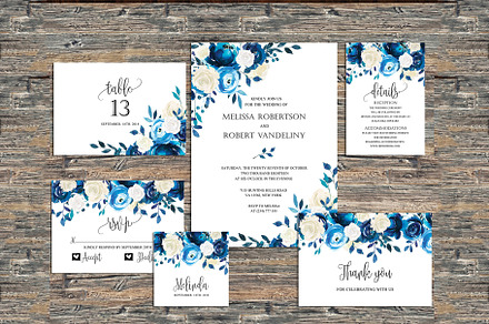Navy Wedding Invitation Blue Roses