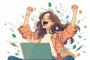 Excited woman celebrates success with laptop surrounded by currency and confett, an Illustration by AS photostudio
