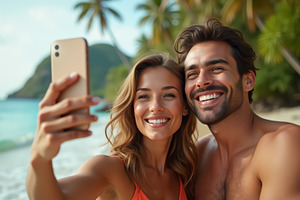 Travel influencer couple taking self, a Holiday Photo by angellodeco