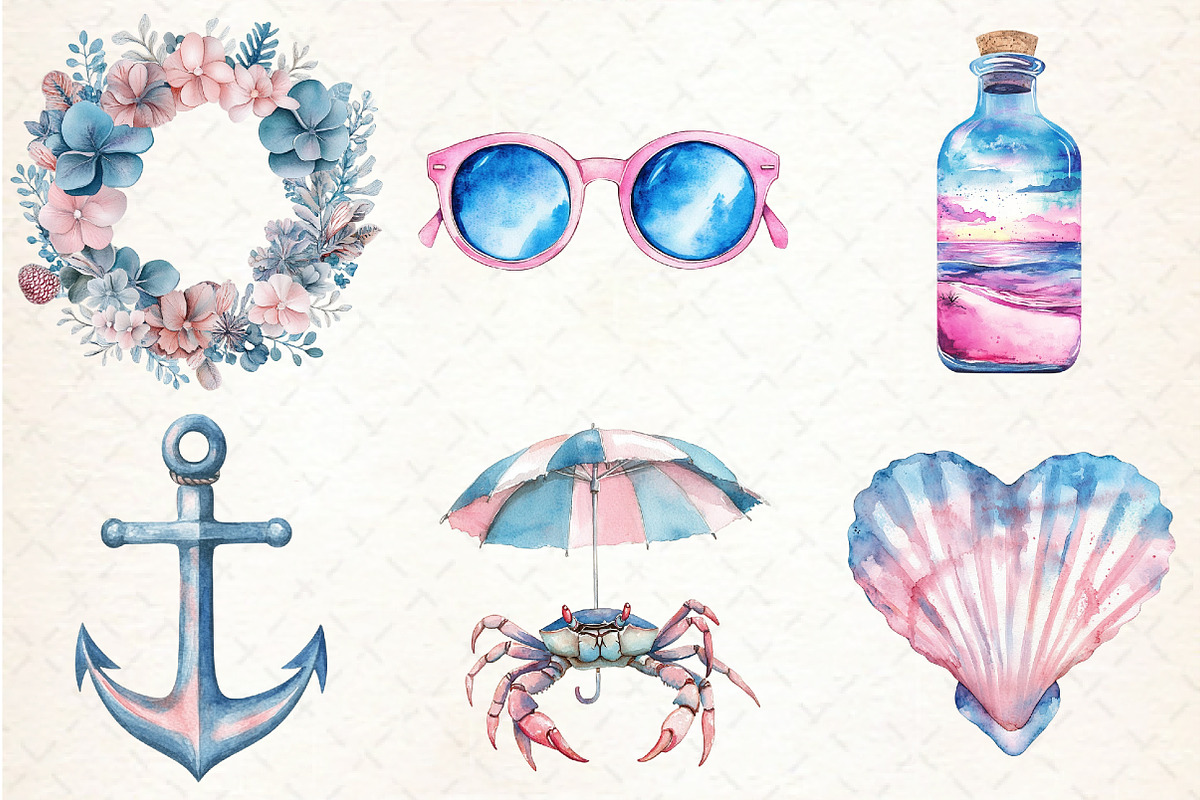 Summer Pink & Blue Coastal Clipart, an Illustration by Libby Wishes (Photo 3 of 5)