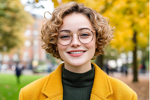 Smiling young female in fall park, a Nature Photo by Lermont51