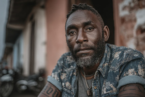 Black man in denim shirt sitting outdoors with a pensive expression, a Photo by AS photostudio