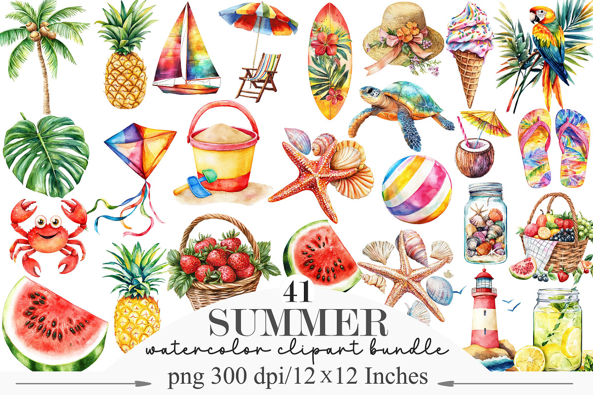 Watercolor Summer Clipart Bundle, an Illustration by Designking (Photo 1 of 5)