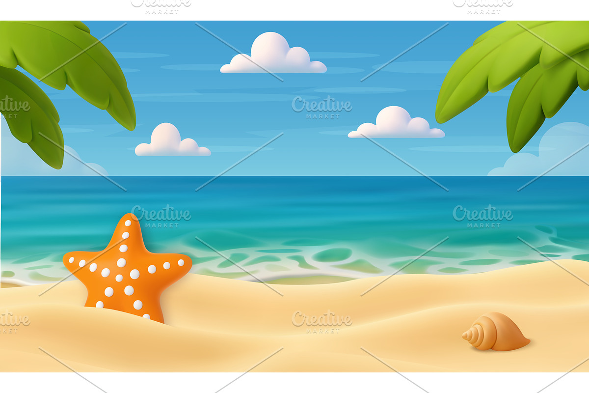 3D Tropical Beach with Starfish and, an Illustration by ModVector