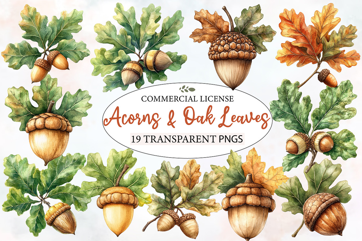 Watercolor Acorns & Oak Leaves, an Illustration by Designworld (Photo 1 of 5)