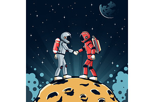 Two astronauts shaking hands on moon