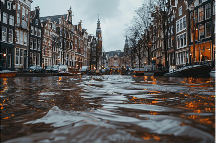 Water reflecting city lights flowing, an Architecture Photo by Ylivdesign