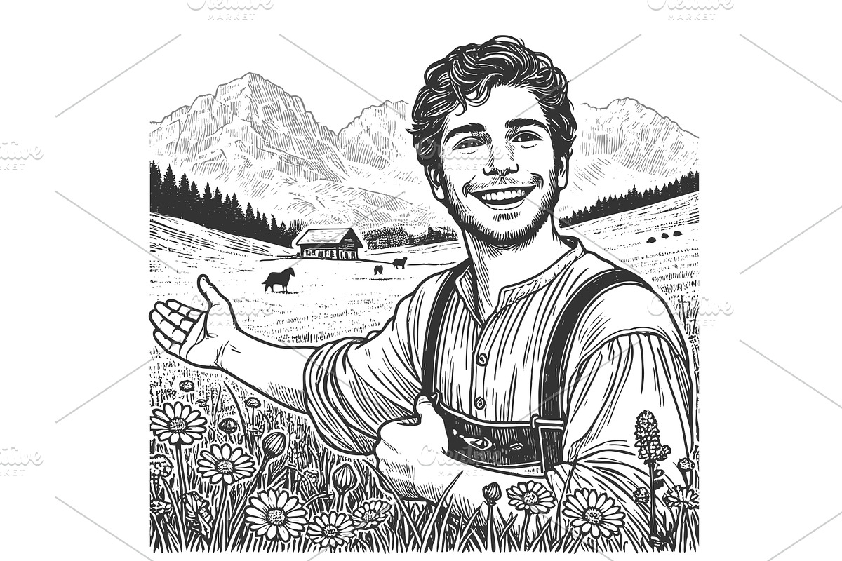 Happy farmer in mountain meadow, a Person Illustration by AlexArt