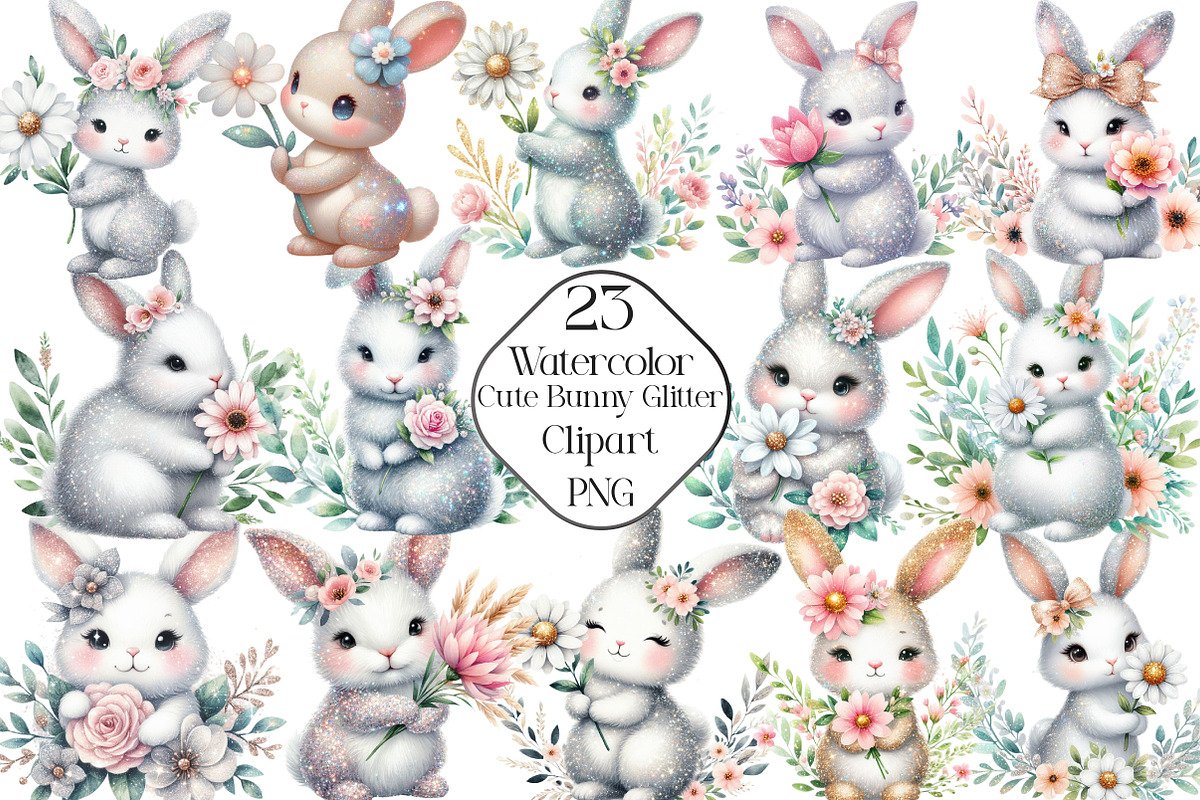 Watercolor Bunny Glitter Clipart, an Illustration by CraftArtStudio (Photo 1 of 5)