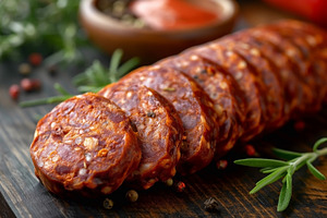 Sliced Spanish chorizo on a rustic wooden board, garnished with, a Food & Drink Photo by ImageMir